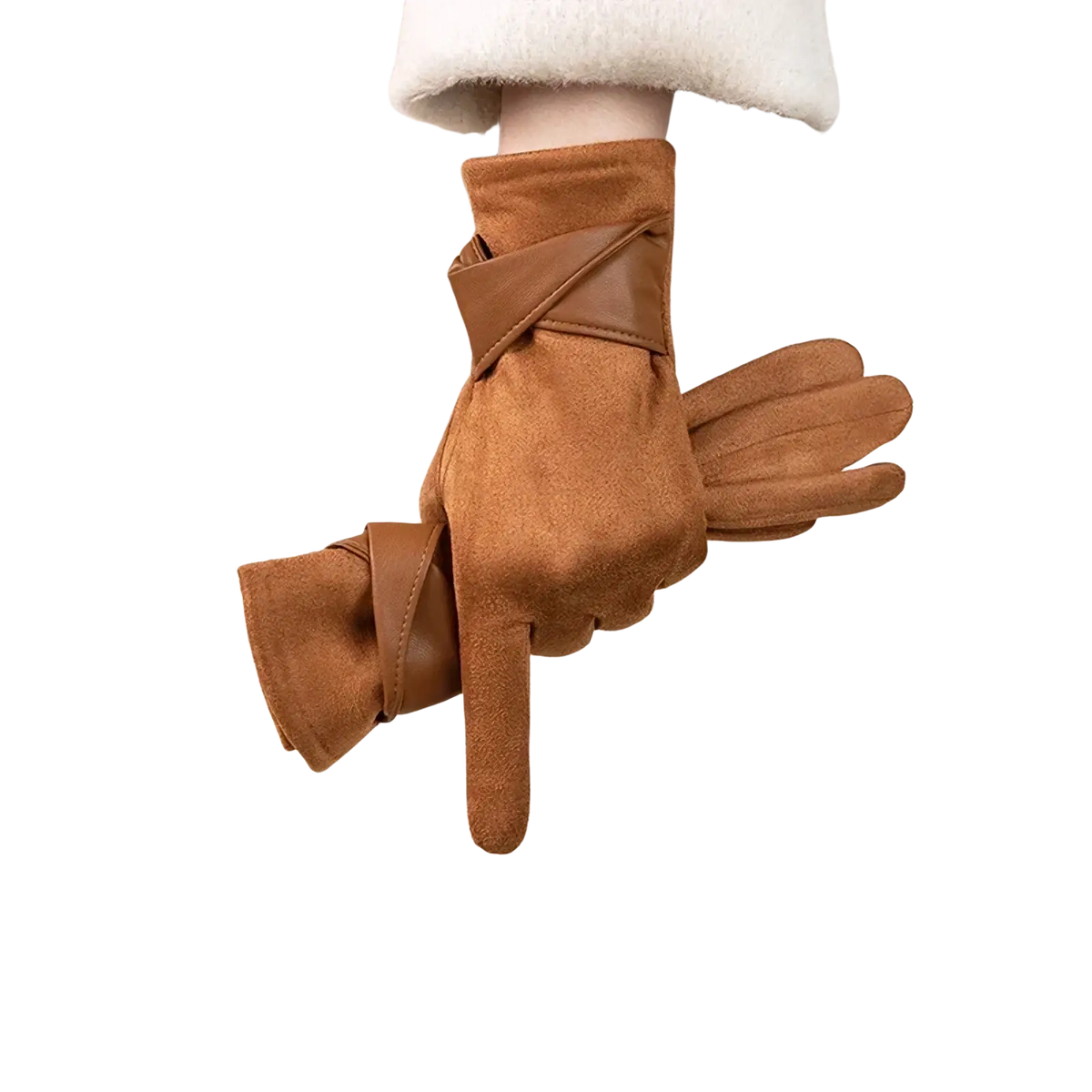 Tan suede women touch screen winter gloves with velvet bow and smooth leather strap detail at the wrist back view
