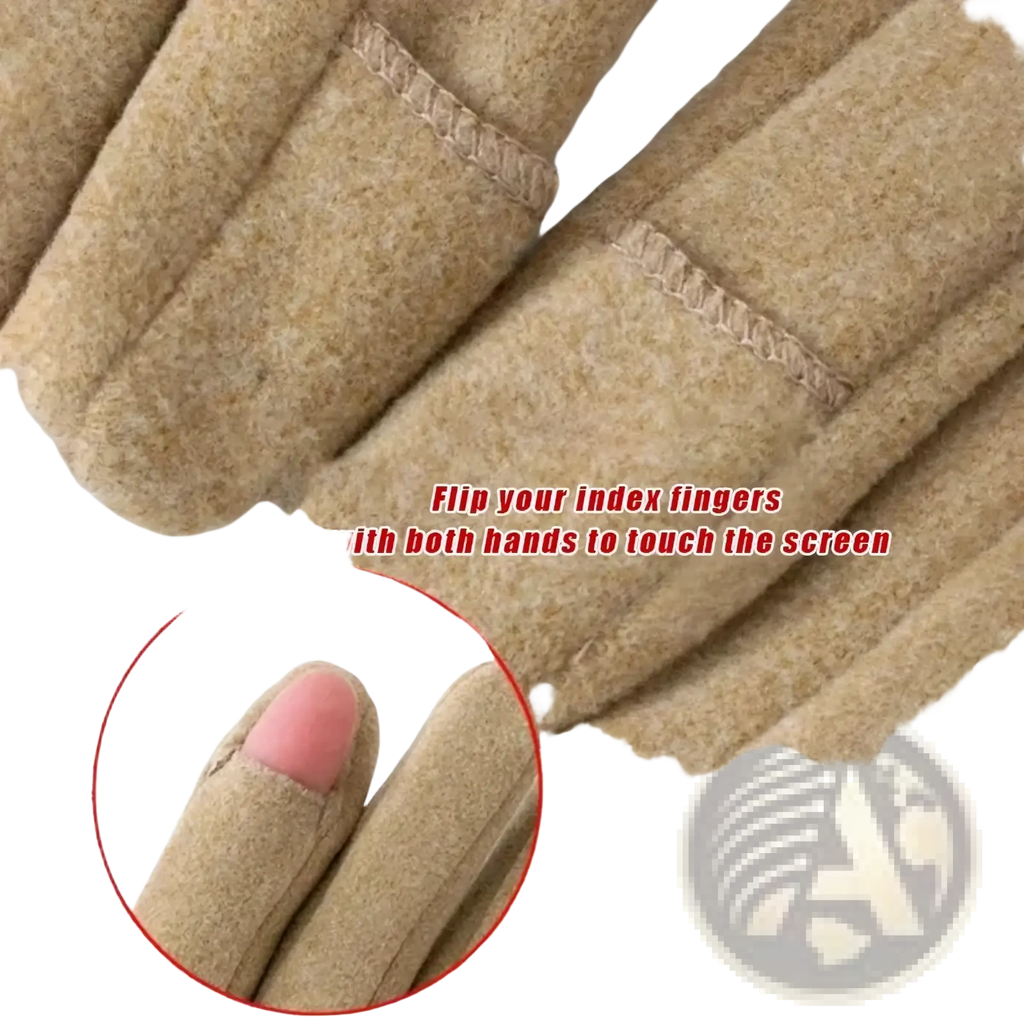 Beige women touchscreen winter gloves with soft textured wool-like material and reinforced stitching along fingers