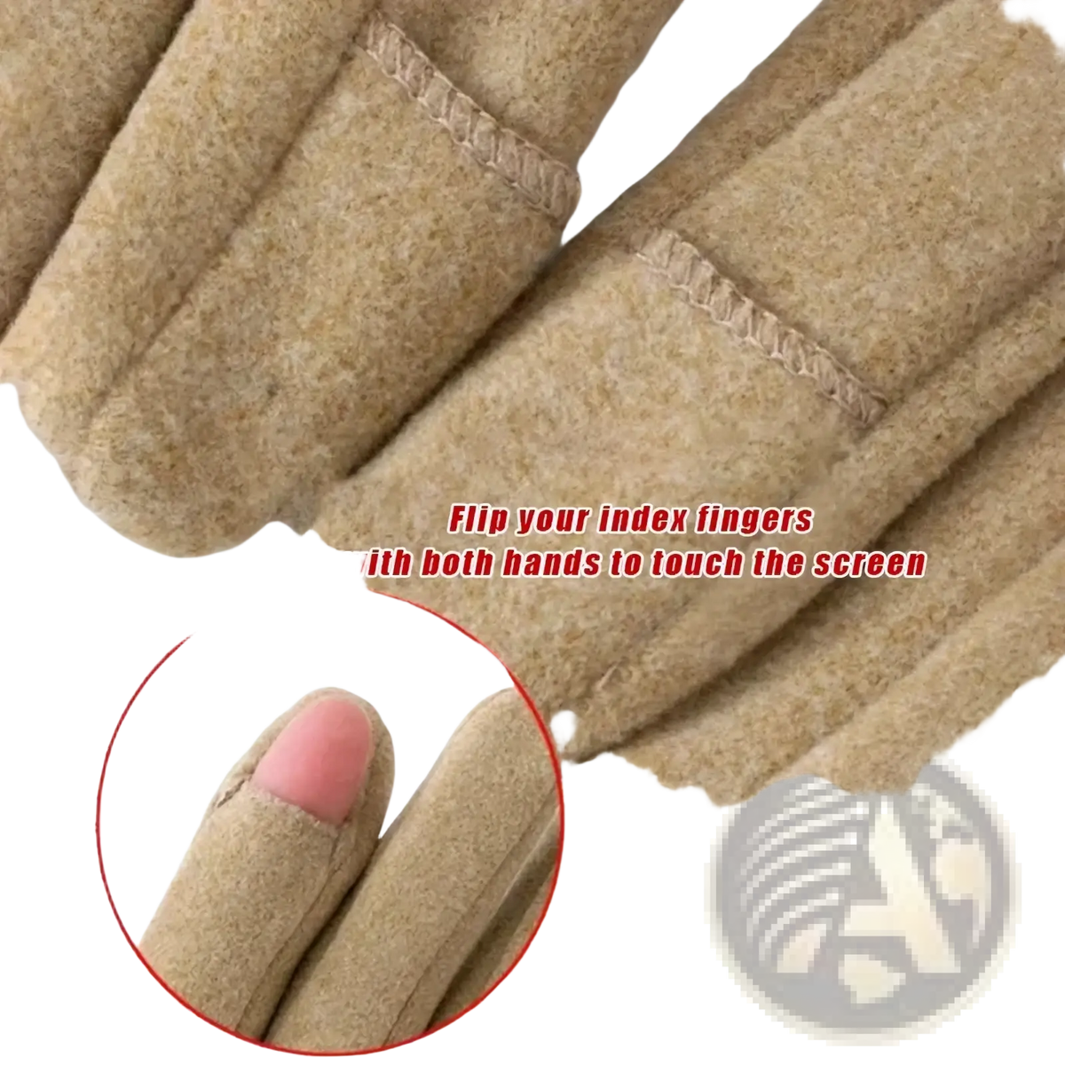 Beige women touchscreen winter gloves with soft textured wool-like material and reinforced stitching along fingers