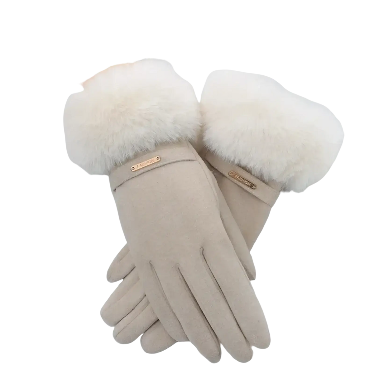 Beige suede women touchscreen winter gloves with plush white faux fur cuffs and gold-tone brand tags