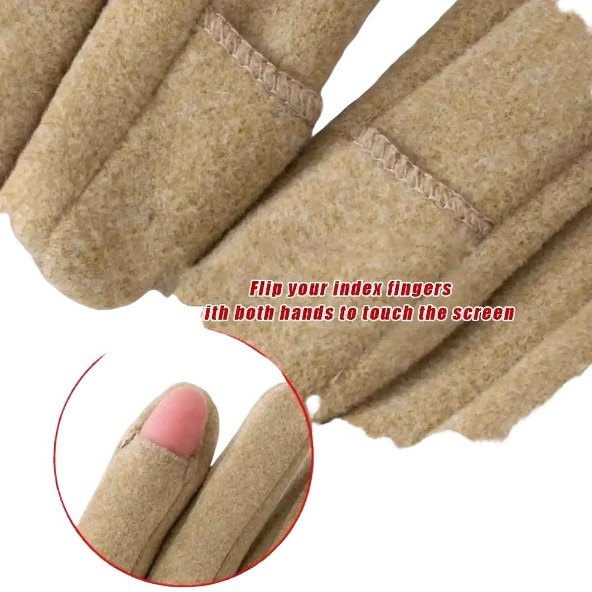Beige woolen touchscreen winter gloves with faux fur lining and reinforced stitching for comfortable use