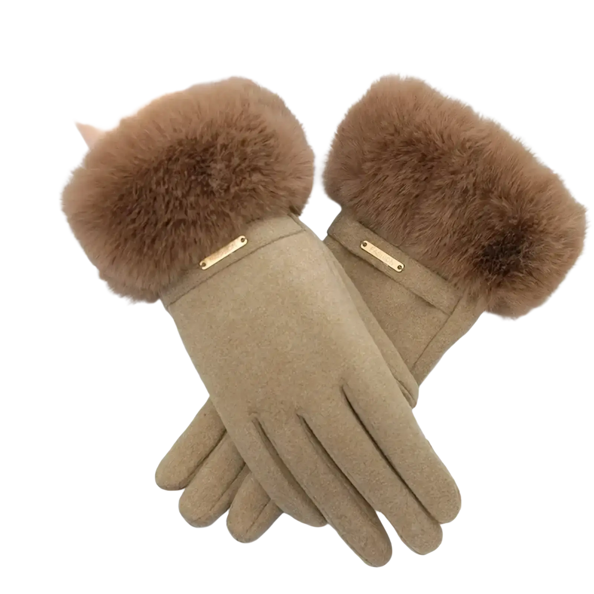 Beige woolen touchscreen winter gloves with plush brown faux fur cuffs and gold-tone metal accents windproof design