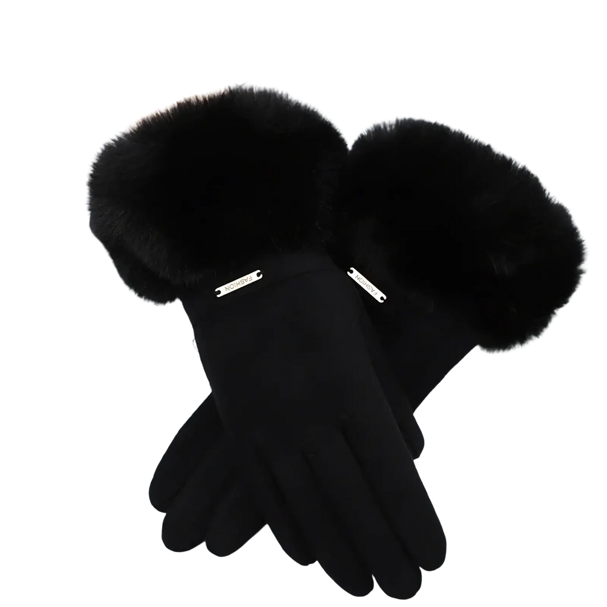 Black touchscreen winter gloves with plush faux fur cuffs and silver-tone metal nameplates, shown from the back side