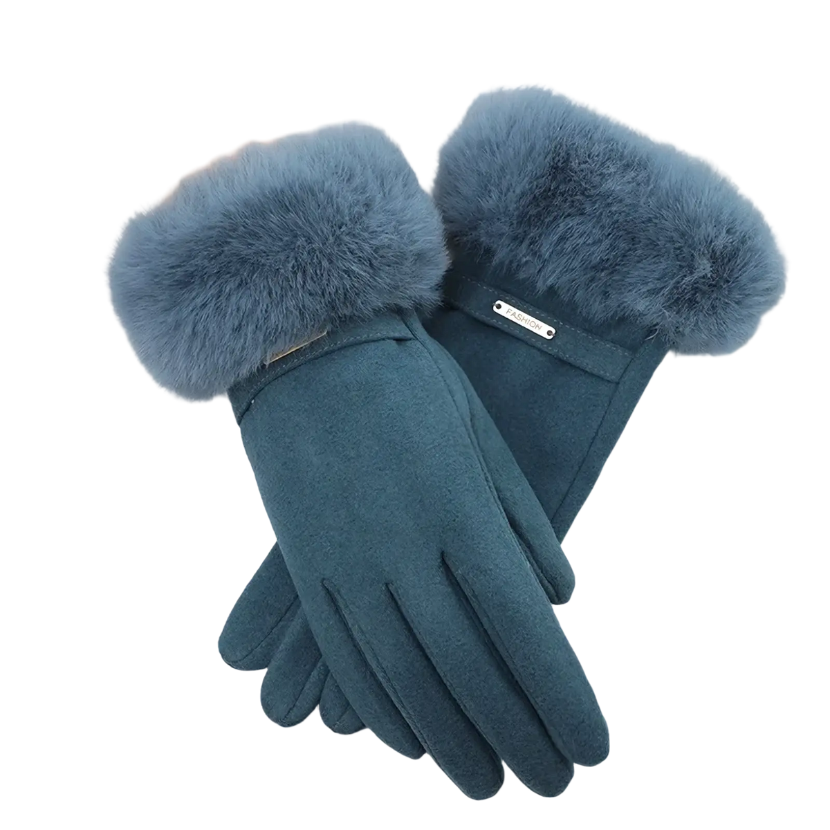 Women touchscreen winter gloves in blue with faux fur lining windproof matte fabric and silver brand plaque visible on back
