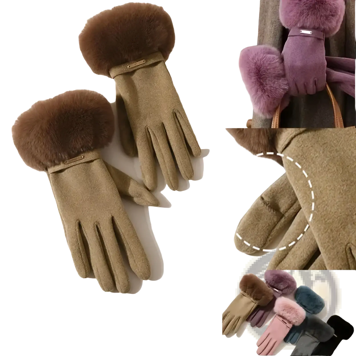 Brown womens touchscreen winter gloves with faux fur lining suede body and adjustable wrist straps shown from the back