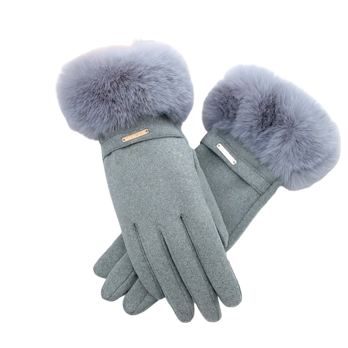 Women touchscreen winter gloves in grey with plush faux fur cuffs and metallic accent plate on the wrist