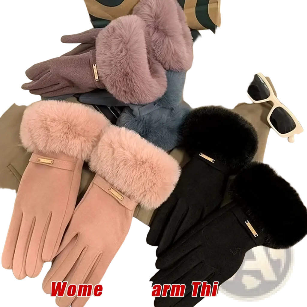 A pair of soft pink faux fur-lined women touchscreen winter gloves with gold-tone metal accents and minimalist design