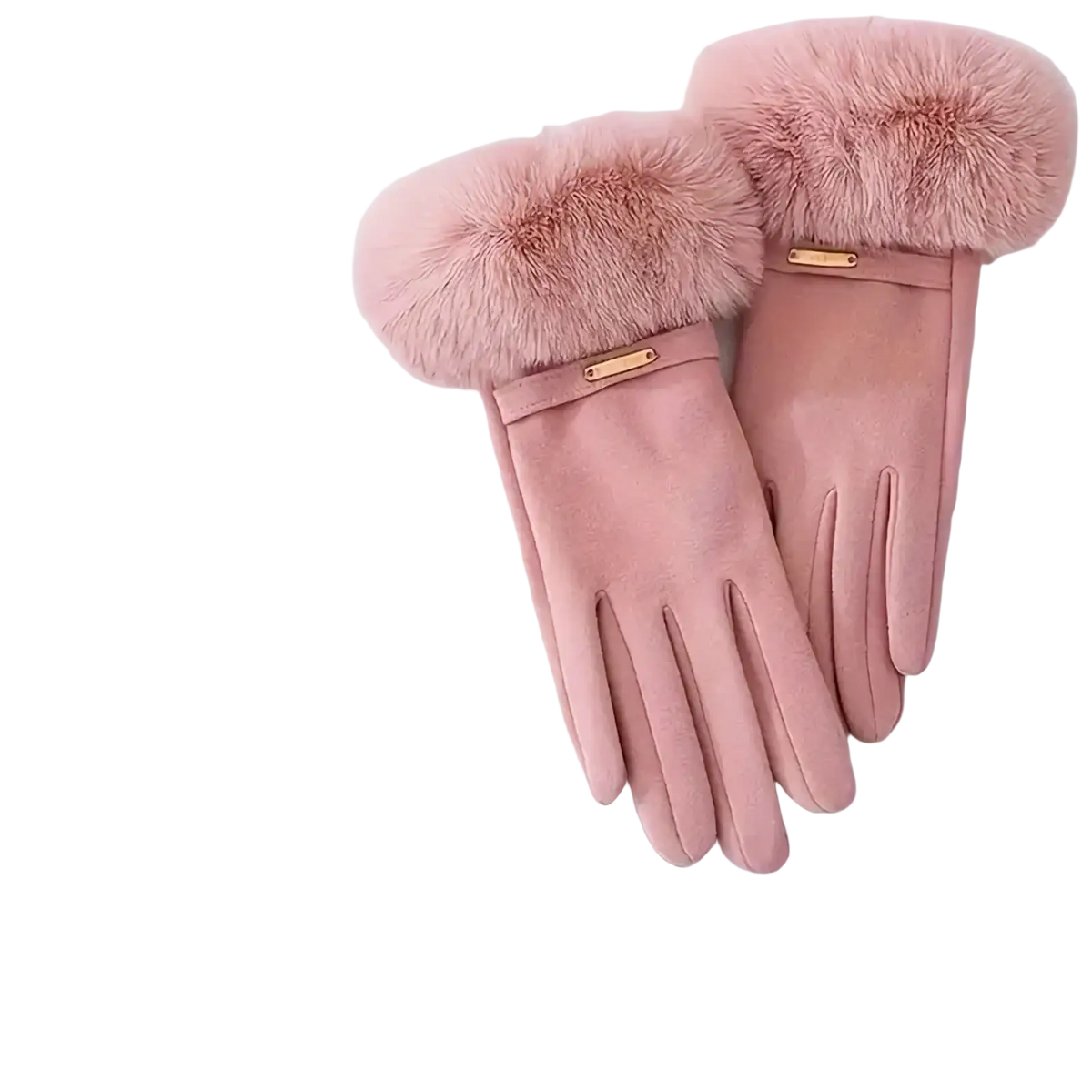 Women touchscreen winter gloves in pink with faux fur lining, soft suede exterior, and gold-tone metal accents