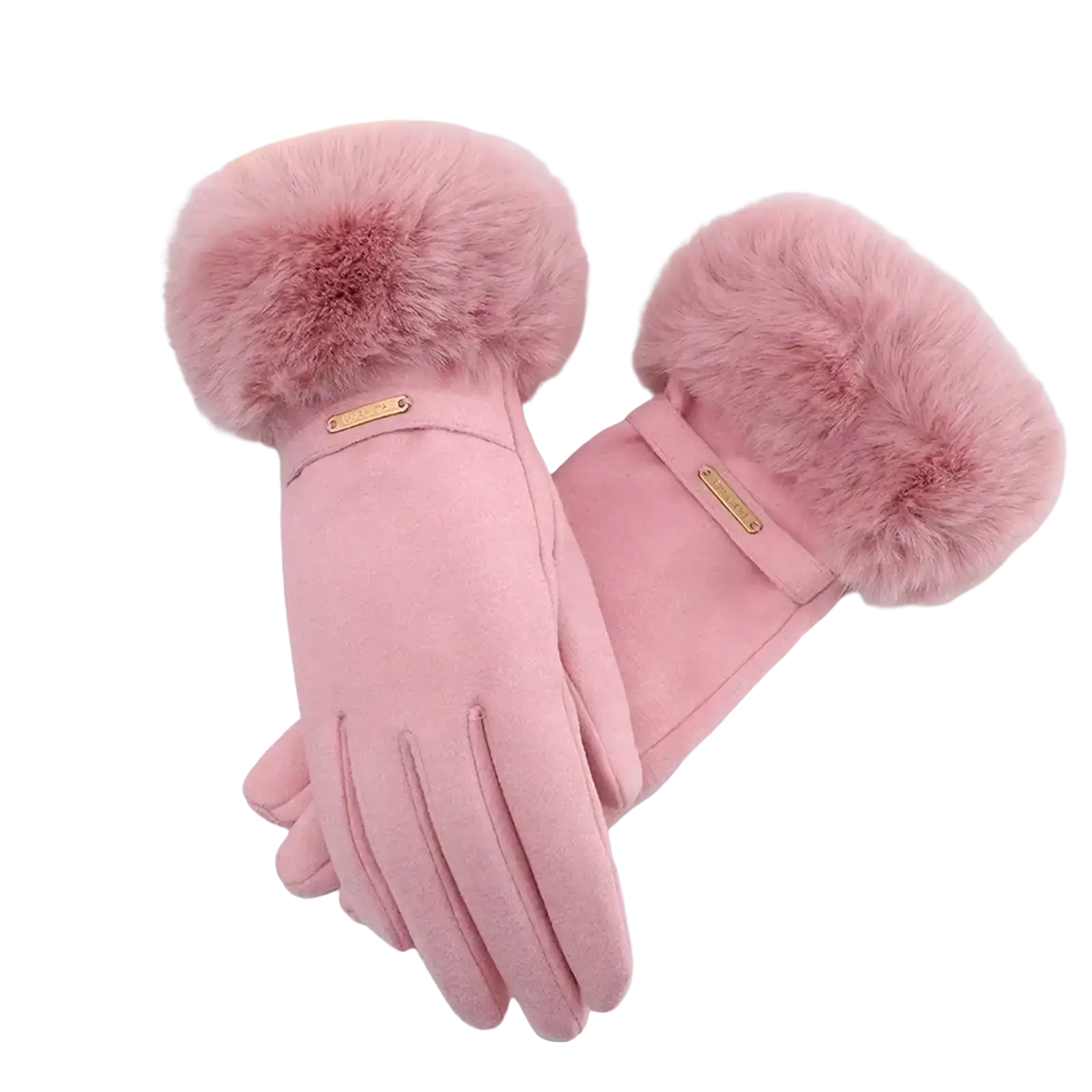 Pink faux fur lined winter gloves with soft suede texture and gold tone brand plaque touchscreen winter gloves
