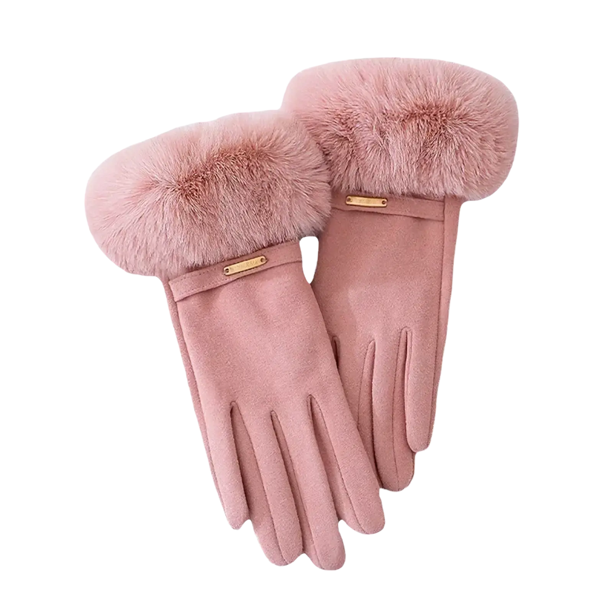 Women touchscreen winter gloves in pink suede with faux fur lining and gold-tone accents are windproof and stylish winter gloves