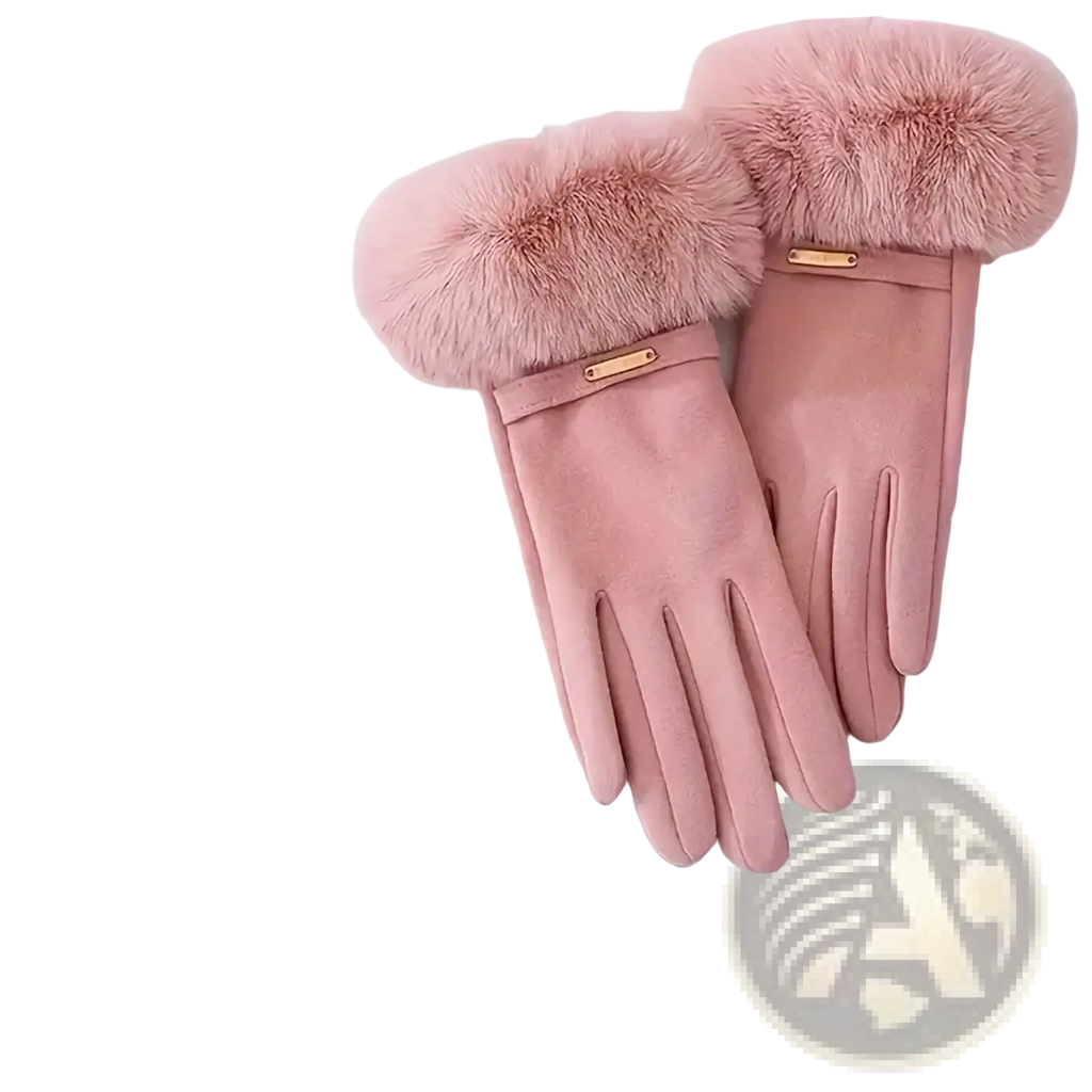 Women touchscreen winter gloves in pink with faux fur lining, soft suede exterior, and gold-tone metal accents
