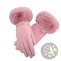 Pink women’s touchscreen winter gloves with faux fur lining, suede-like body, gold-tone brand tags, and windproof design