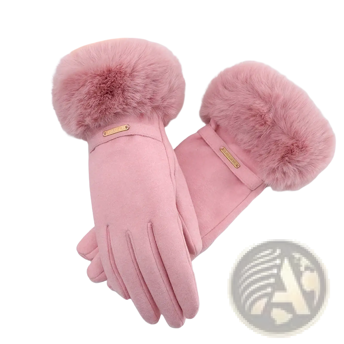 Pink women’s touchscreen winter gloves with faux fur lining, suede-like body, gold-tone brand tags, and windproof design