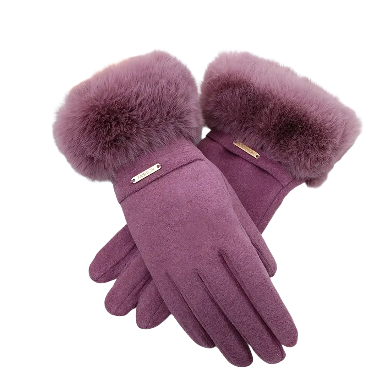 Women touchscreen winter gloves in purple with faux fur lining plush texture and metallic plaque detail visible from back side