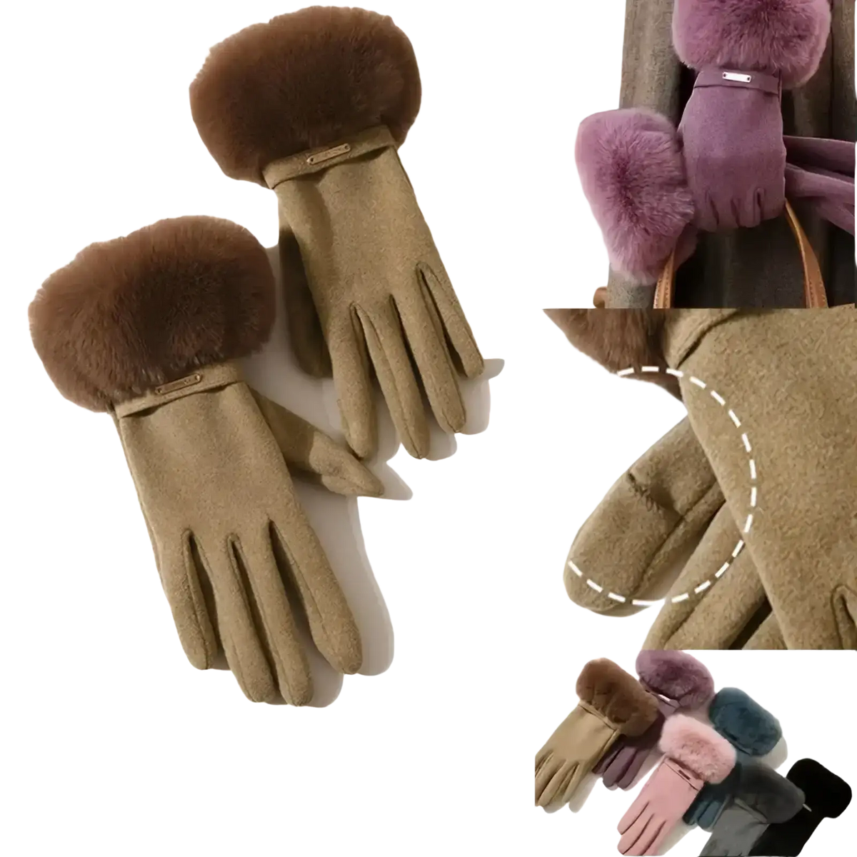 Tan touchscreen winter gloves with faux fur lining, plush cuff, and sleek leather wrist strap for windproof warmth
