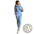 Women tracksuit plus size fleece jogger set in light blue with hooded sweatshirt, white drawstrings, and small chest logo