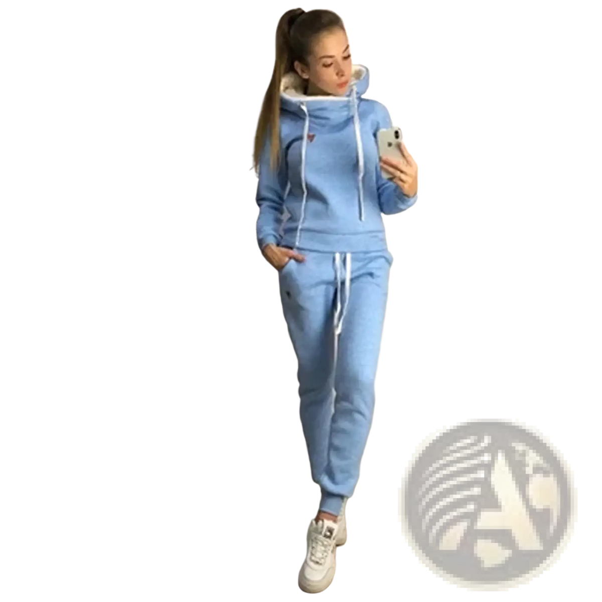 Women tracksuit plus size fleece jogger set in light blue with hooded sweatshirt, white drawstrings, and small chest logo