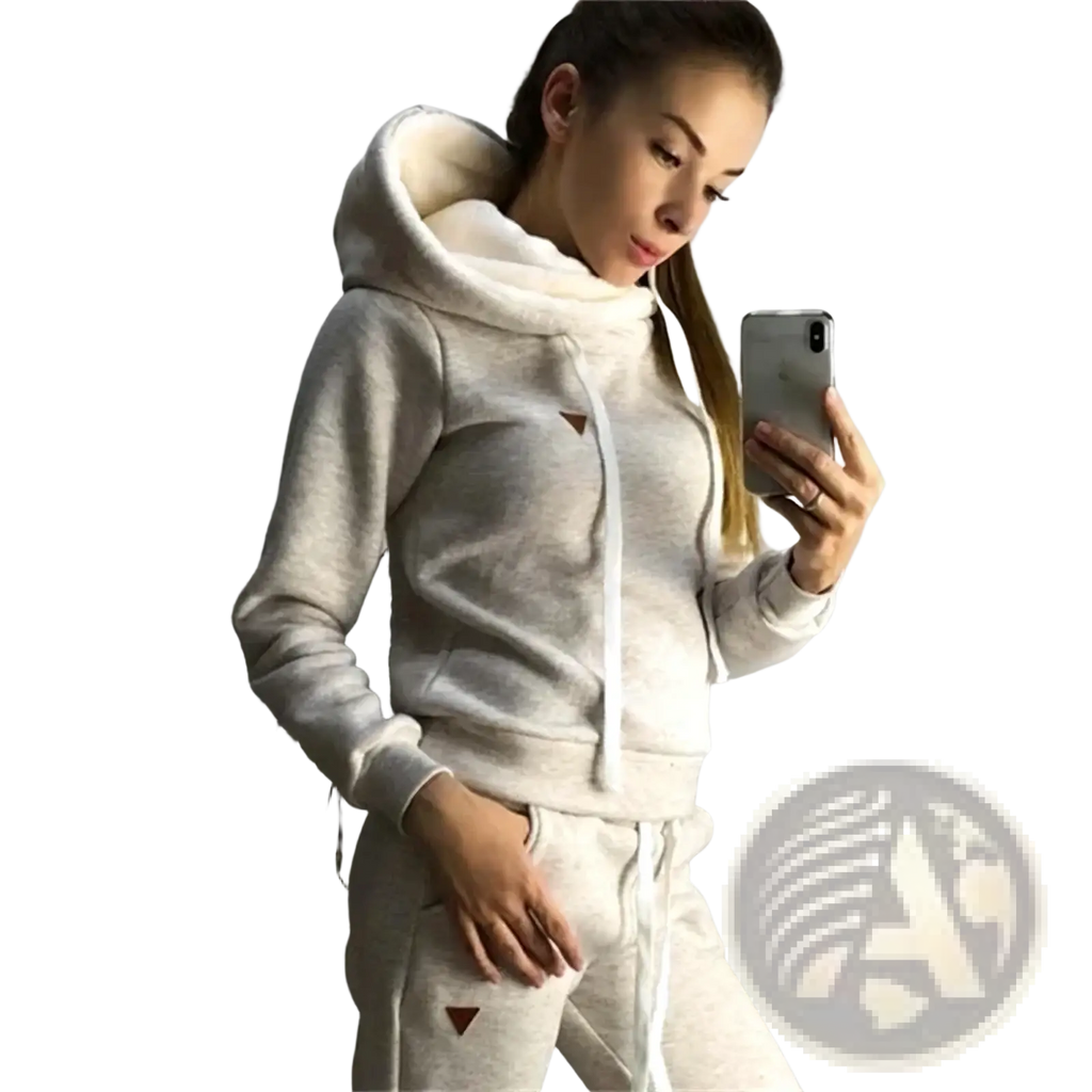 Women tracksuit plus size fleece jogger set featuring a cozy light gray hooded sweatshirt with plush white lining
