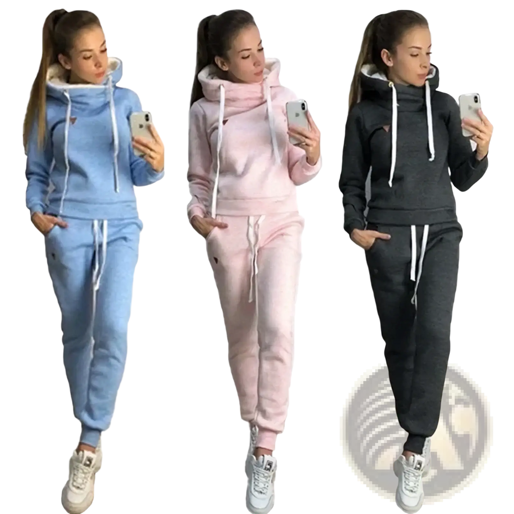 Women tracksuit plus size fleece jogger set in three-tone light blue pink and dark gray with white drawstrings