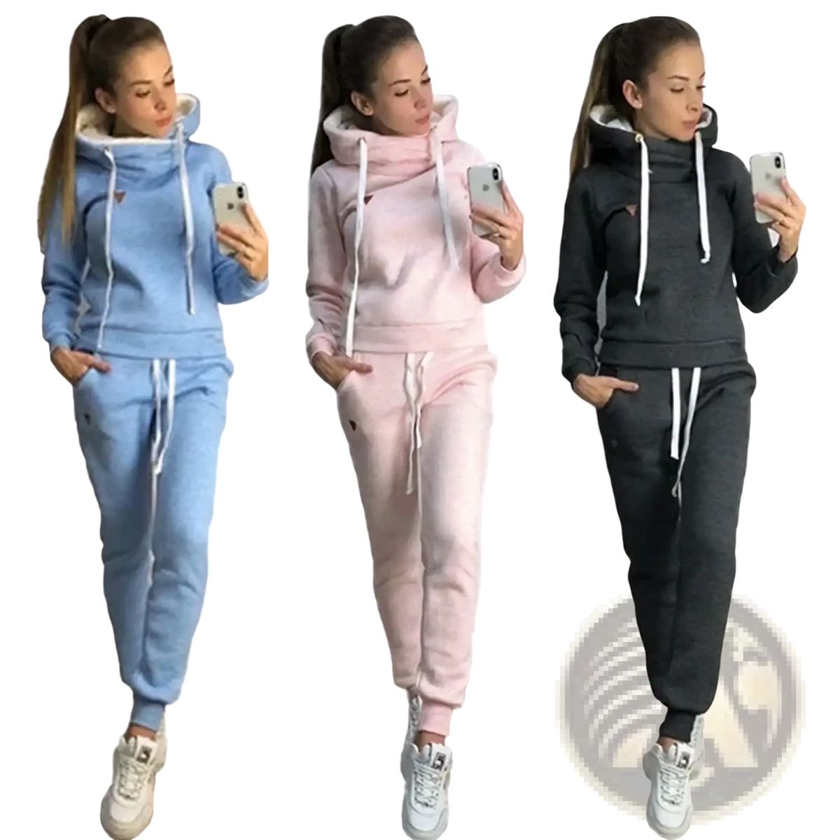Women tracksuit plus size fleece jogger set in three-tone light blue pink and dark gray with white drawstrings
