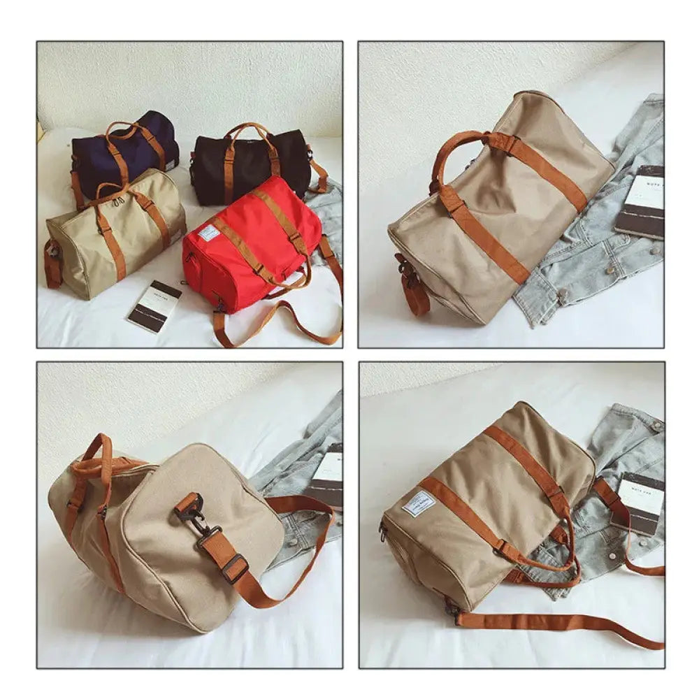 Beige canvas womens gym and weekend travel duffel bag with tan leather straps and front buckle closure
