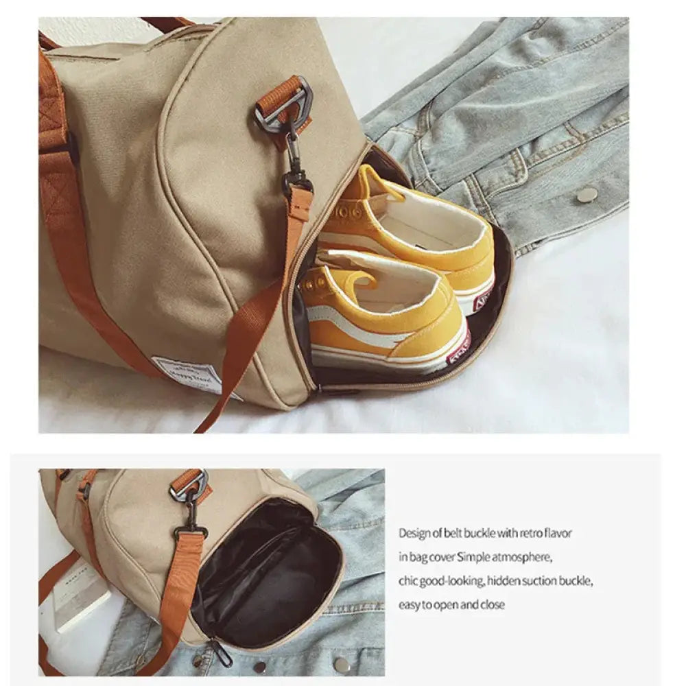 Beige canvas women’s gym and weekend travel duffel bag with brown leather straps and retro belt buckle closure