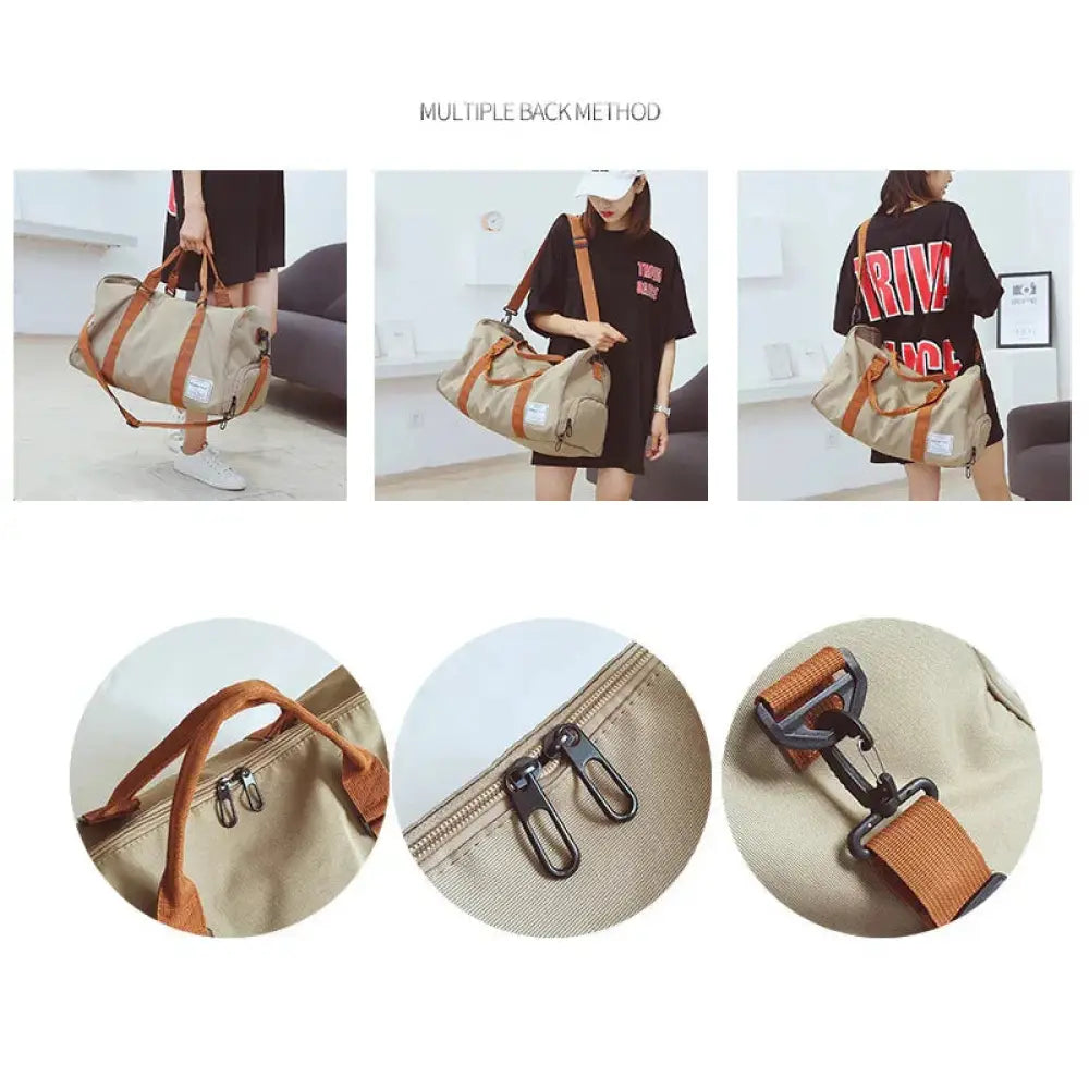 Beige canvas women’s gym and weekend travel duffel bag with tan webbing straps and black metal hardware