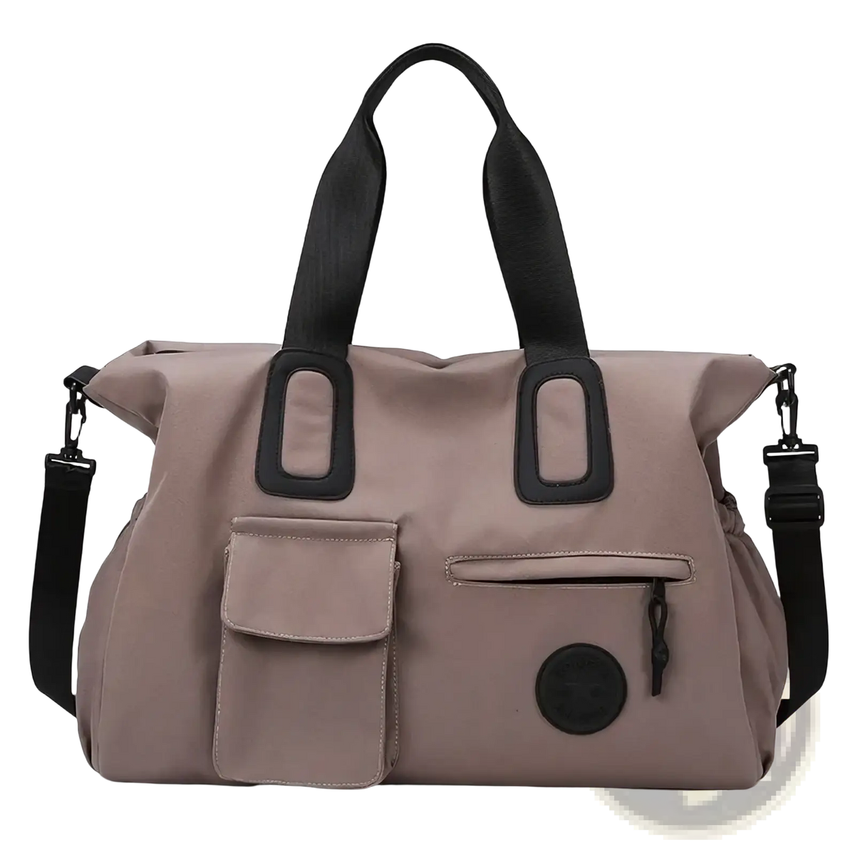 Beige nylon women travel duffel bag with black webbing handles and detachable shoulder strap large carry on tote