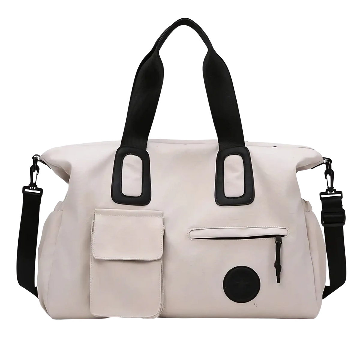 Beige canvas women travel duffel bag with black reinforced handles multiple pockets and front zippered compartment