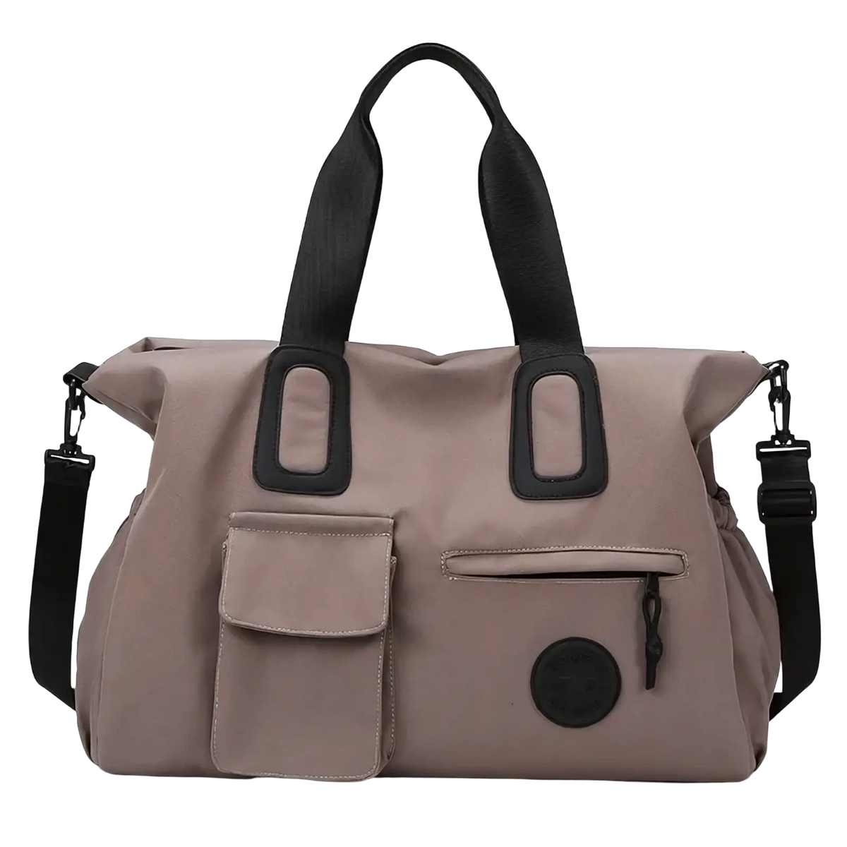 Beige nylon women travel duffel bag with black webbing handles and detachable shoulder strap large carry on tote