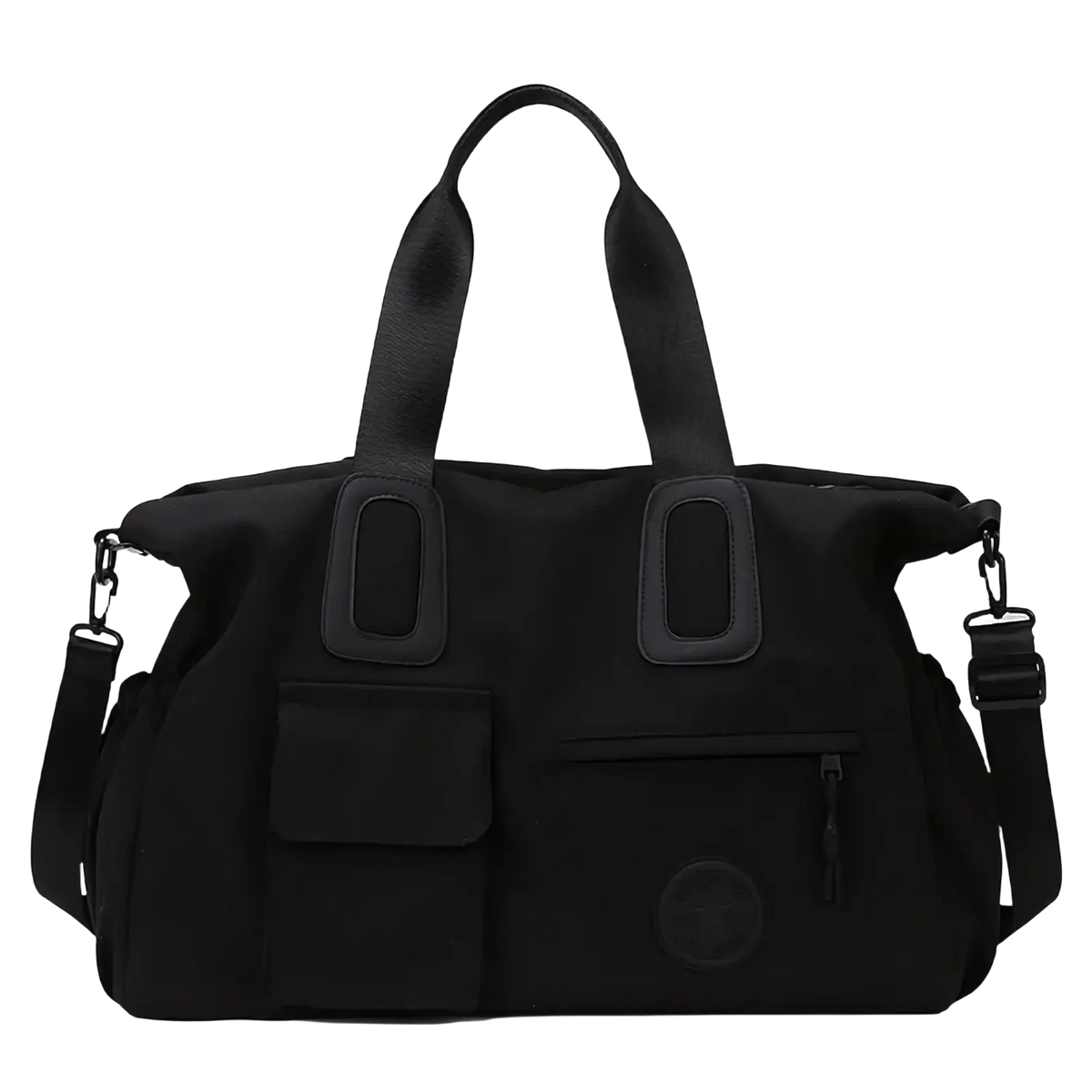 Black canvas women travel duffel bag with reinforced handles and multiple pockets large carry on tote