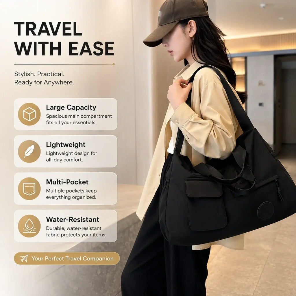 Black lightweight women travel duffel bag large carry on tote with multiple pockets and water-resistant fabric