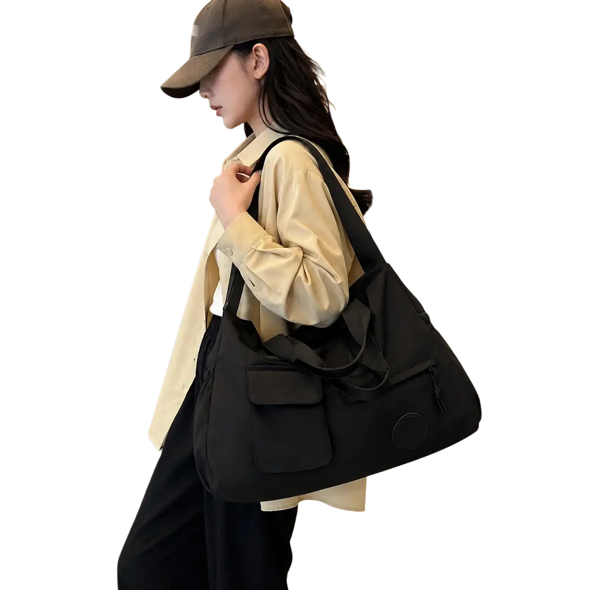 Black nylon women travel duffel bag large carry on tote with multiple pockets and circular logo patch