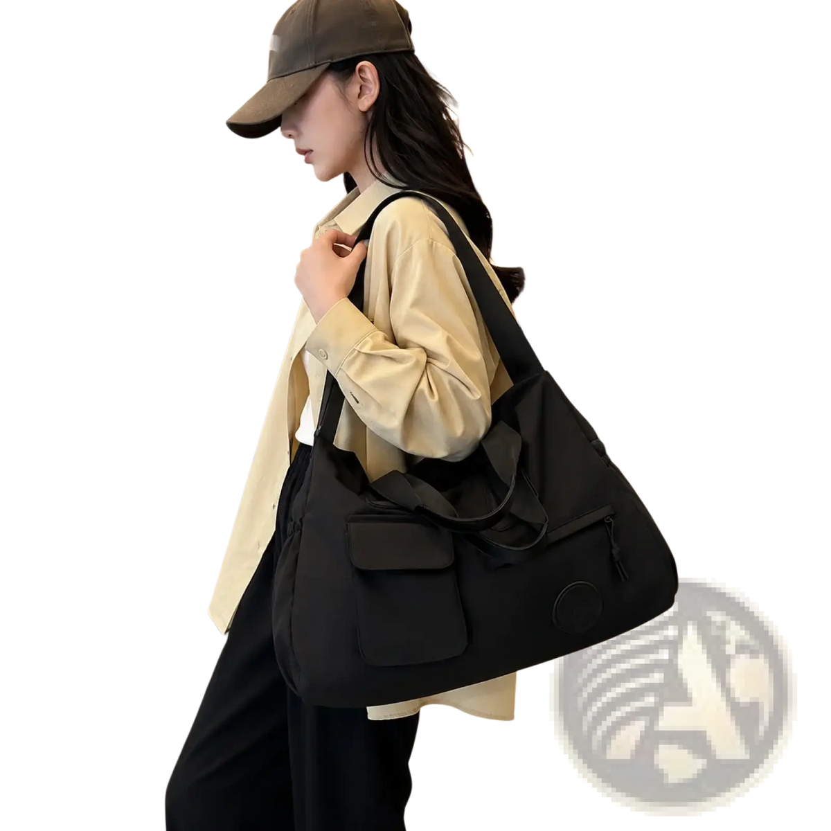 Black nylon women travel duffel bag large carry on tote with multiple pockets and circular logo patch