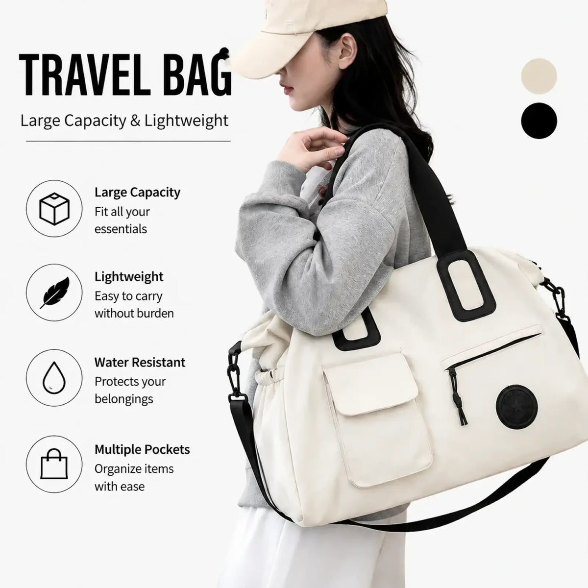 Cream-colored women travel duffel bag with black accents made of durable fabric for large carry on use