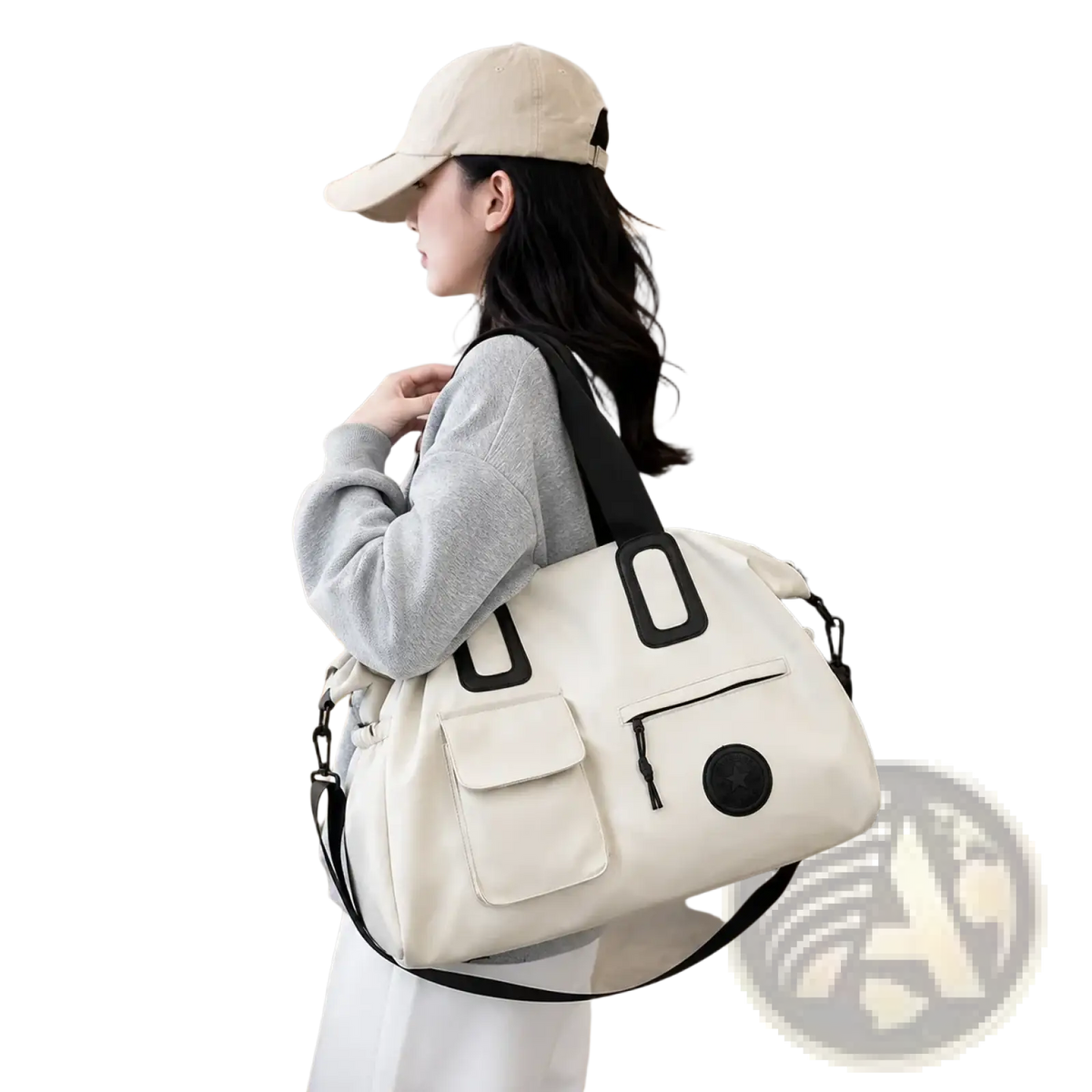 Cream-colored canvas women travel duffel bag with black fabric handles and accents large carry on tote