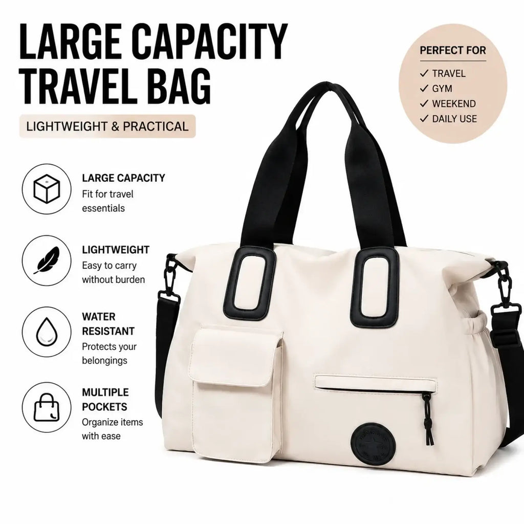 Cream-colored lightweight women travel duffel bag large carry on tote with black handles and accents for easy travel