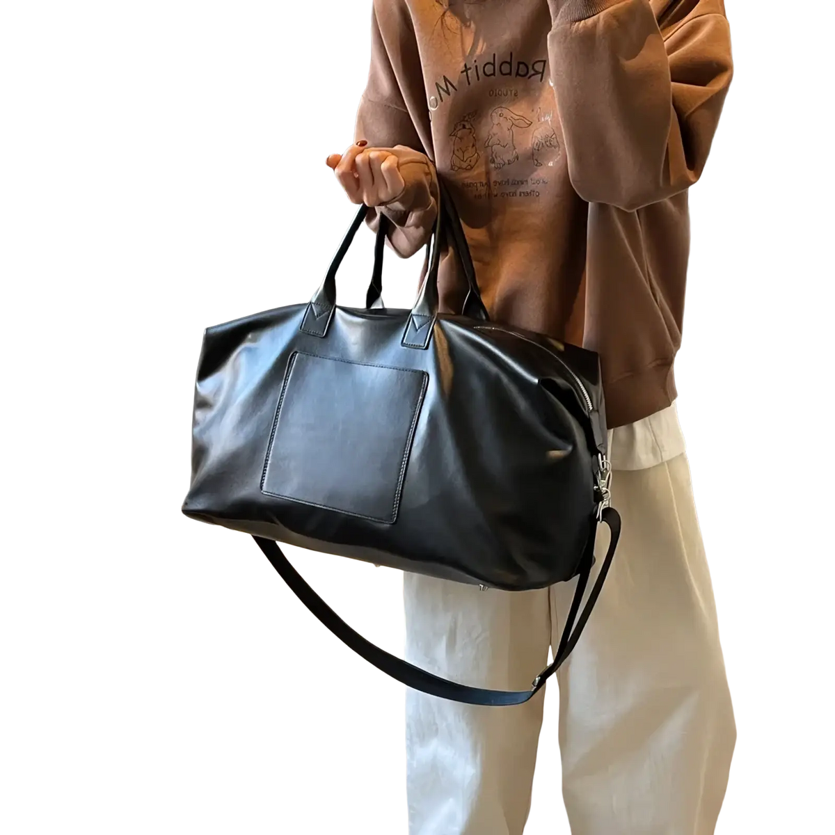 Black leather women travel duffel bag with top handles and detachable shoulder strap large pu leather carryon