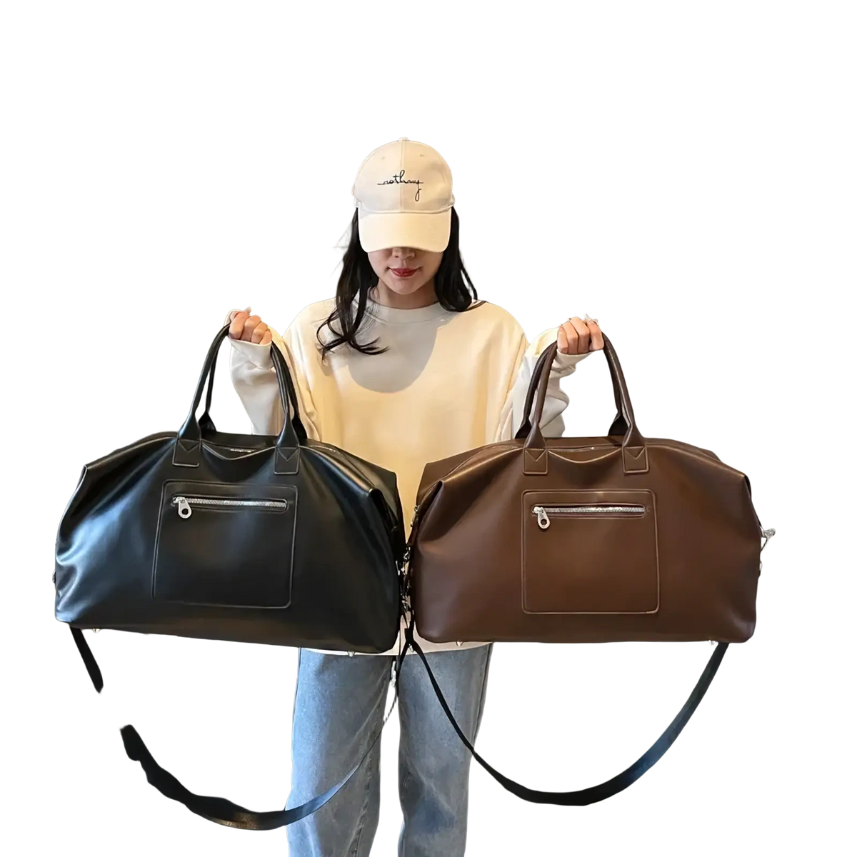 Black and brown large pu leather women travel duffel bag with front zippered pockets for carryon use