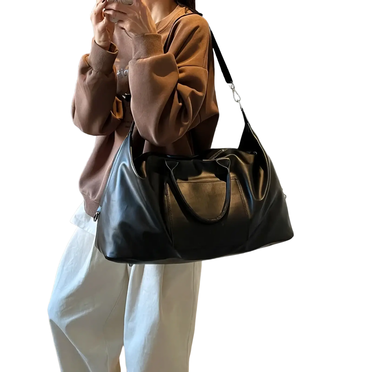 Black faux leather women travel duffel bag with glossy finish and dual top handles large pu leather carryon