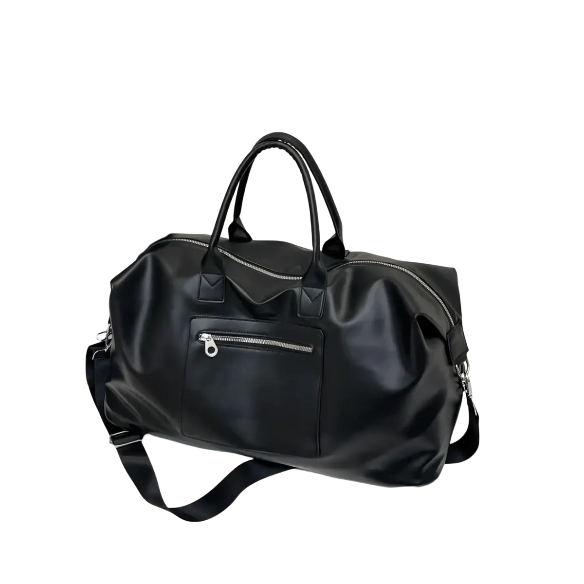 Black leather-like women travel duffel bag with top handles and detachable shoulder strap large pu leather carryon