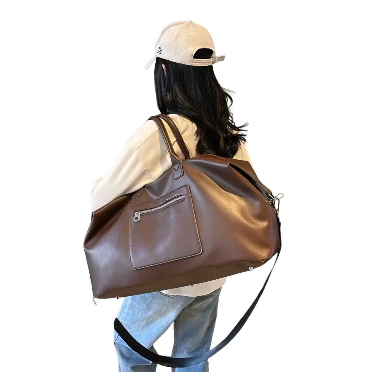 Brown leather women travel duffel bag with front zippered pocket and adjustable shoulder strap large pu leather carryon