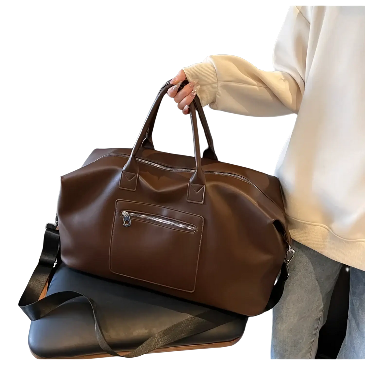 Brown leather women travel duffel bag with top handles and detachable shoulder strap large pu leather carryon
