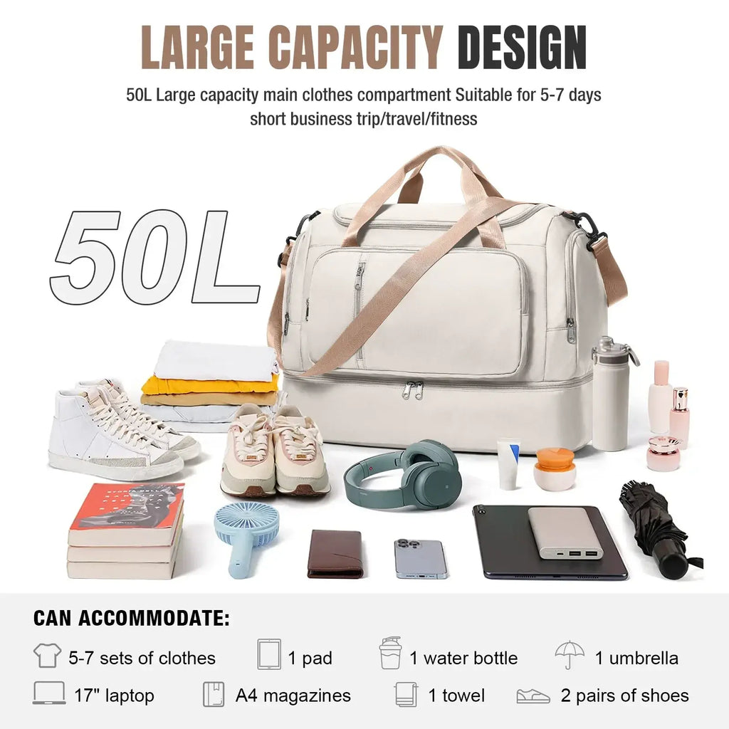 Beige 50l water resistant women travel duffel bag with tan handles and multiple zippers for weekender use