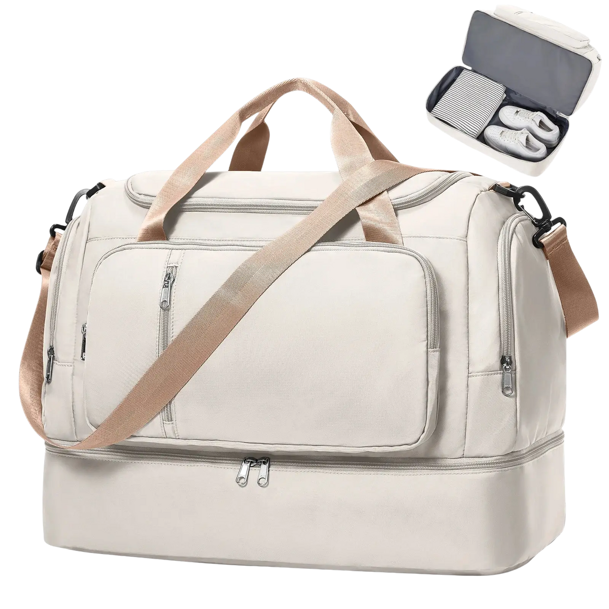 Beige nylon women travel duffel bag with tan straps and multiple zippered compartments for weekender use