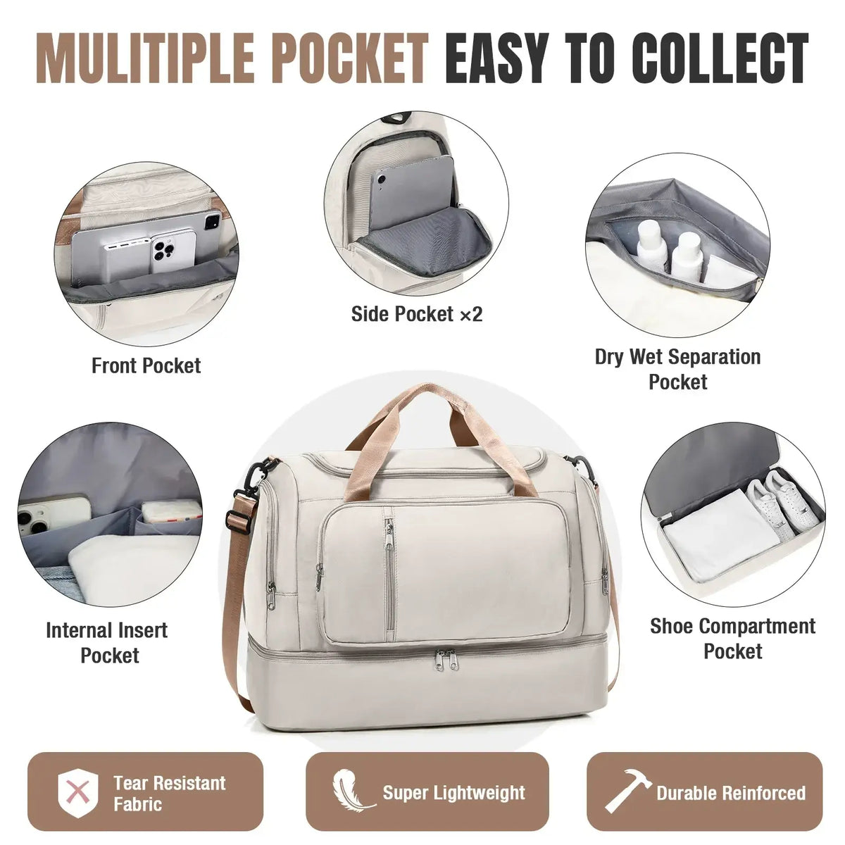 Beige women travel duffel bag with tan handles and multiple compartments water resistant weekender tote