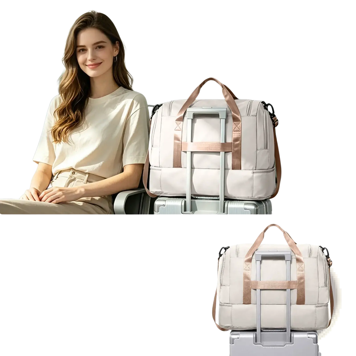 Beige and taupe water resistant women travel duffel bag with retractable handle for business or personal travel