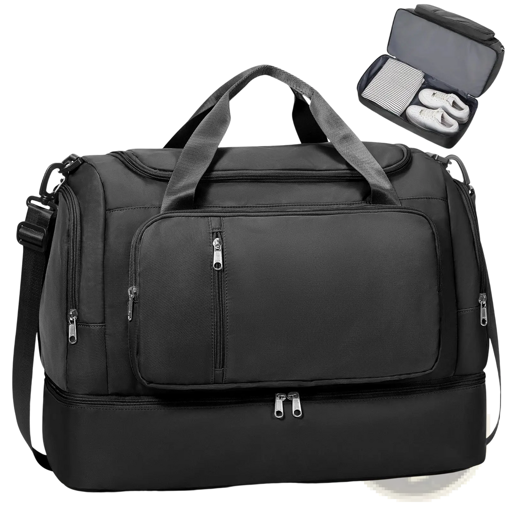 Black nylon women travel duffel bag with multiple zippers and detachable shoulder strap for weekender tote use