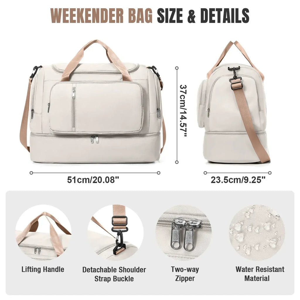 Cream-colored women travel duffel bag water resistant weekender tote with detachable shoulder strap and two-way zipper