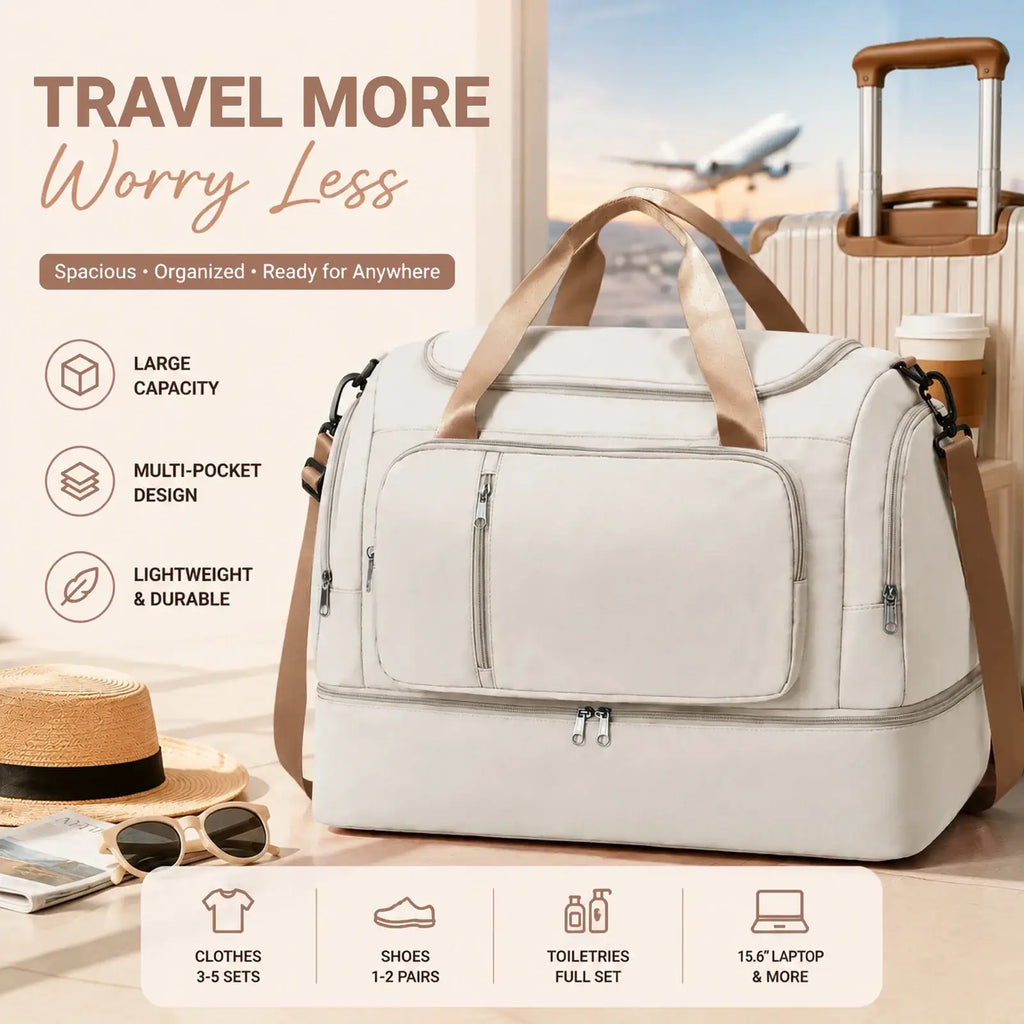 Cream-colored lightweight women travel duffel bag with tan handles and shoulder strap for weekender use